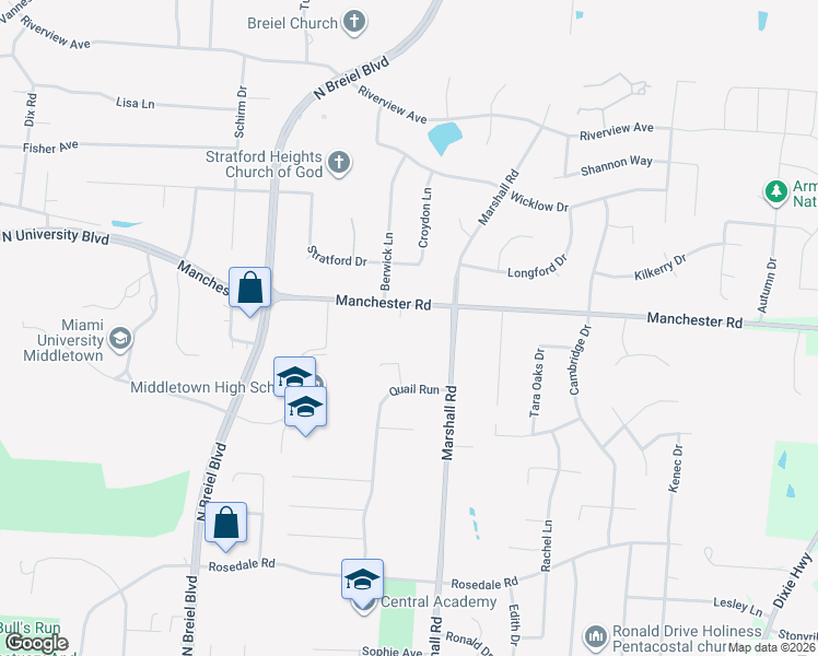 map of restaurants, bars, coffee shops, grocery stores, and more near 4614 Manchester Road in Middletown