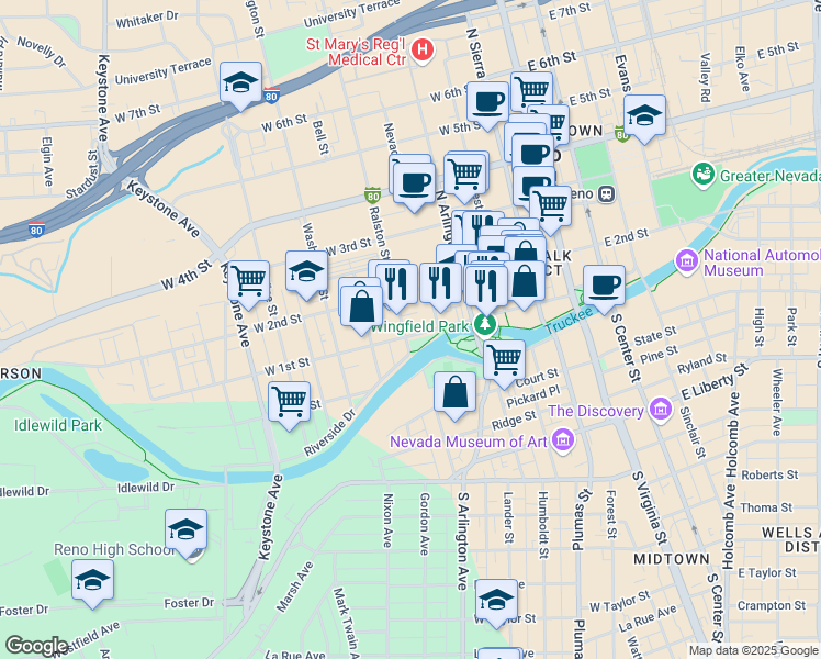 map of restaurants, bars, coffee shops, grocery stores, and more near 467 West 1st Street in Reno