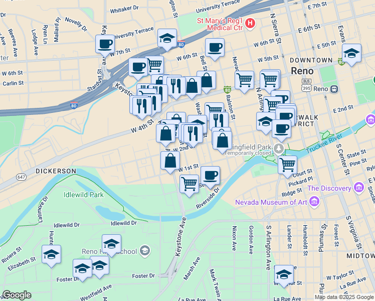 map of restaurants, bars, coffee shops, grocery stores, and more near 901 West 2nd Street in Reno