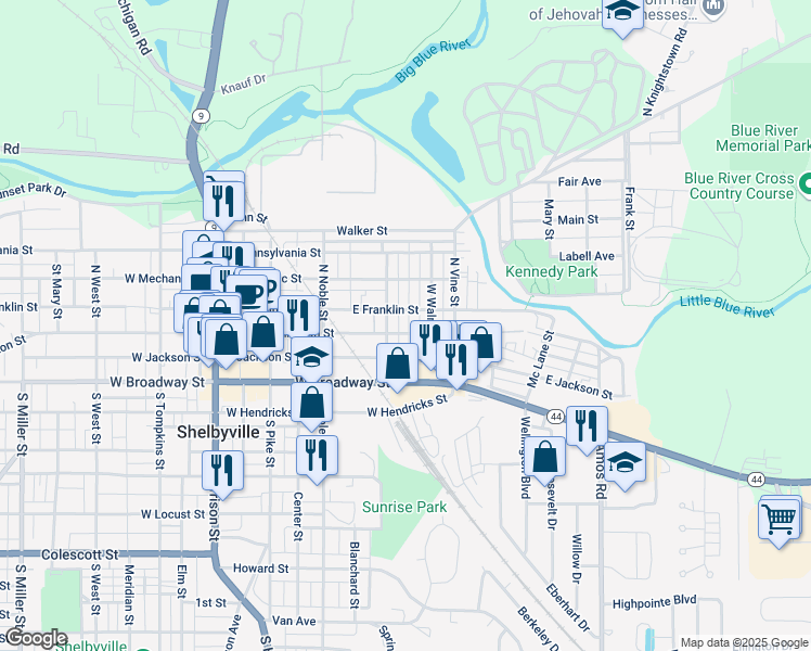 map of restaurants, bars, coffee shops, grocery stores, and more near 301 East Franklin Street in Shelbyville