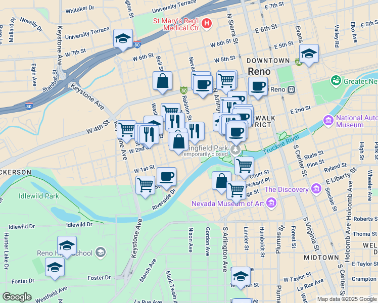 map of restaurants, bars, coffee shops, grocery stores, and more near 135 Ralston Street in Reno