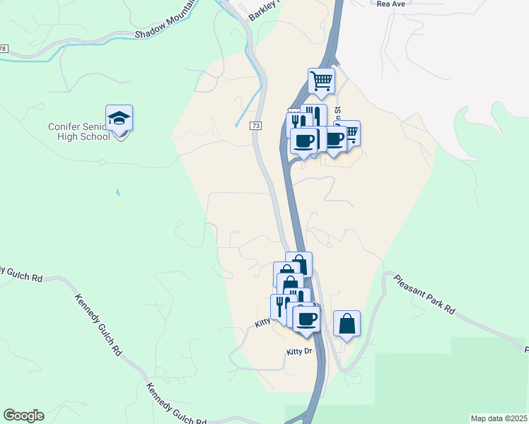 map of restaurants, bars, coffee shops, grocery stores, and more near 10541 County Road 73 in Conifer
