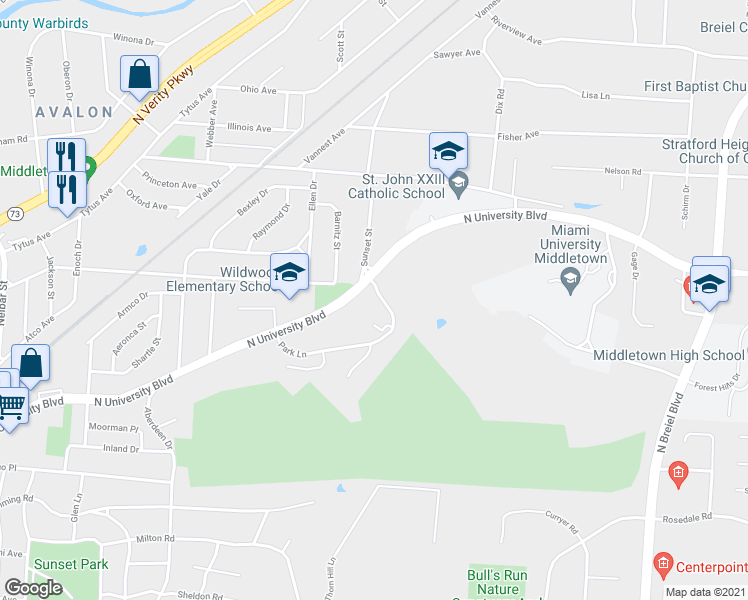 map of restaurants, bars, coffee shops, grocery stores, and more near 1116 Park Lane in Middletown