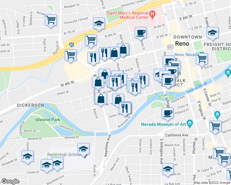 map of restaurants, bars, coffee shops, grocery stores, and more near 800 West 2nd Street in Reno
