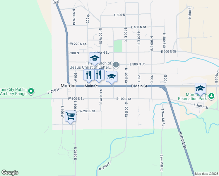 map of restaurants, bars, coffee shops, grocery stores, and more near 25 West Main Street in Moroni