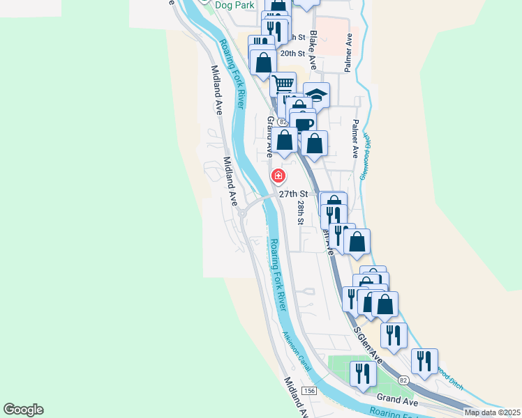 map of restaurants, bars, coffee shops, grocery stores, and more near 2704 Midland Avenue in Glenwood Springs
