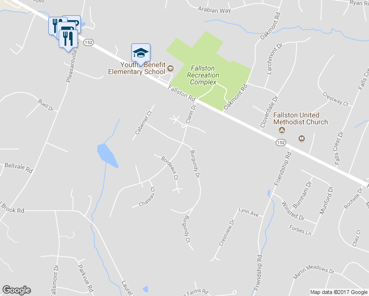 map of restaurants, bars, coffee shops, grocery stores, and more near 2501 Claret Drive in Fallston