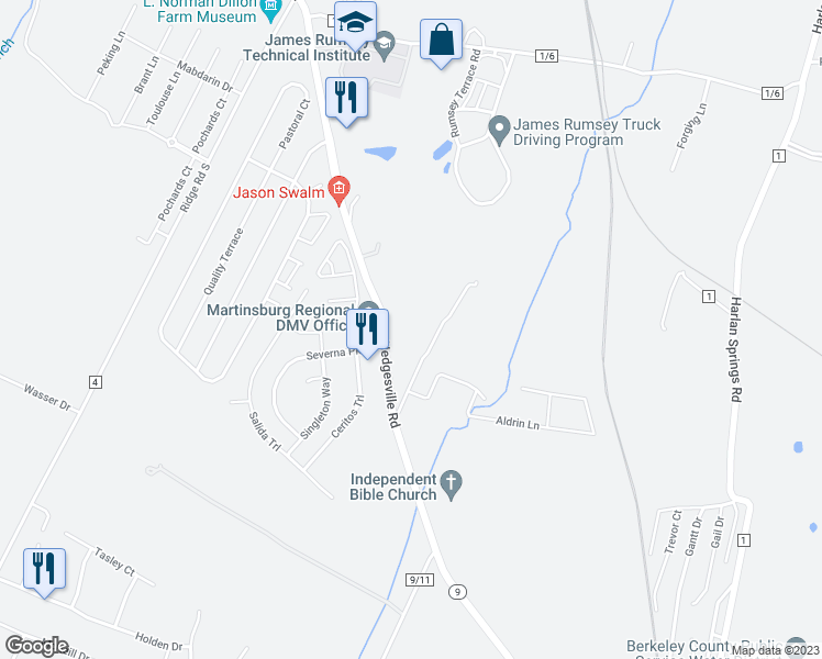 map of restaurants, bars, coffee shops, grocery stores, and more near 54 Rumsey Terrace in Martinsburg