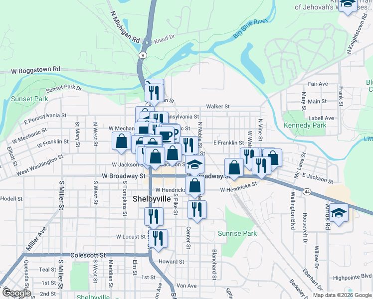 map of restaurants, bars, coffee shops, grocery stores, and more near 126 East Washington Street in Shelbyville