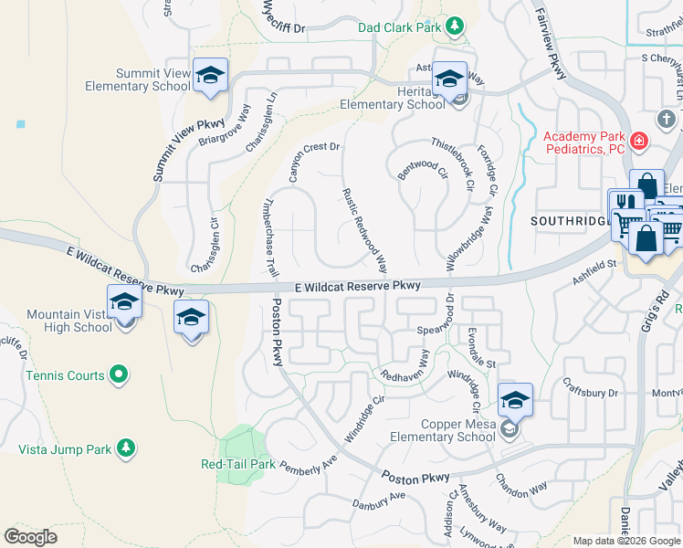 map of restaurants, bars, coffee shops, grocery stores, and more near 10293 Rustic Redwood Court in Littleton