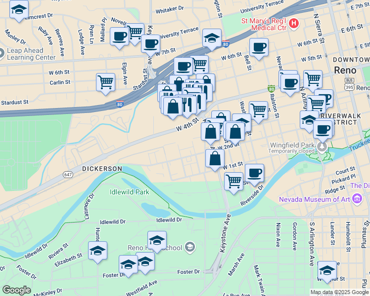 map of restaurants, bars, coffee shops, grocery stores, and more near 231 Gardner Street in Reno