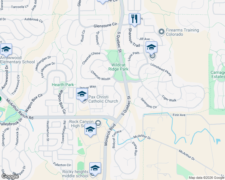 map of restaurants, bars, coffee shops, grocery stores, and more near 10536 Jaguar Point in Lone Tree