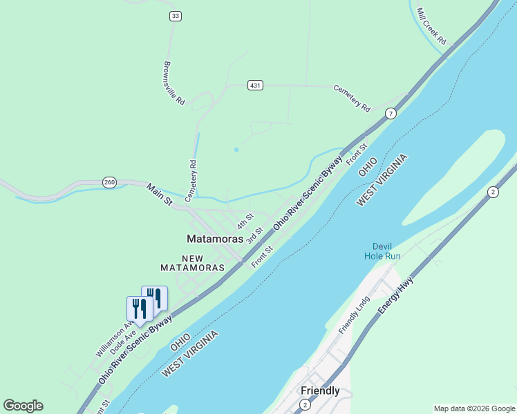 map of restaurants, bars, coffee shops, grocery stores, and more near 314 Main Street in Matamoras