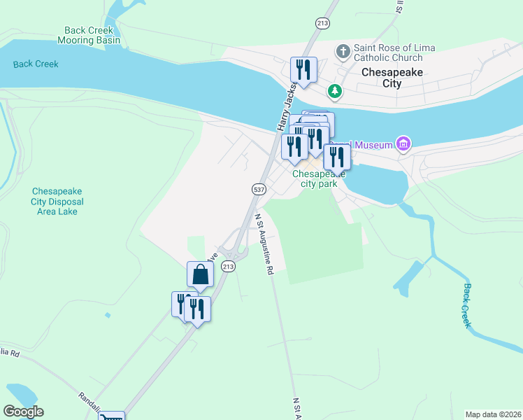 map of restaurants, bars, coffee shops, grocery stores, and more near 424 George Street in Chesapeake City