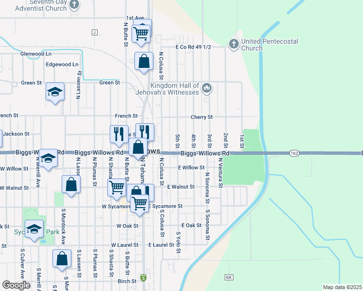 map of restaurants, bars, coffee shops, grocery stores, and more near 410 5th Street in Willows