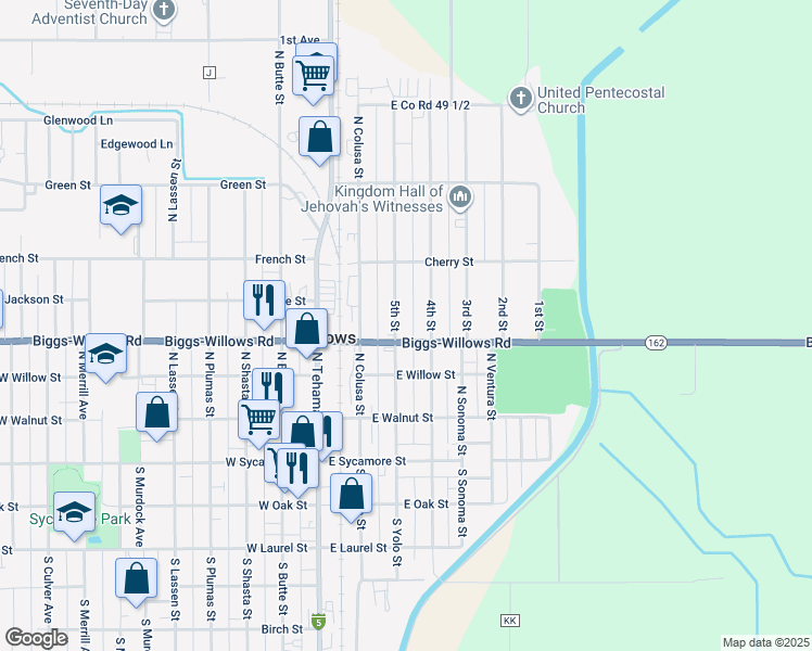 map of restaurants, bars, coffee shops, grocery stores, and more near 410 5th Street in Willows