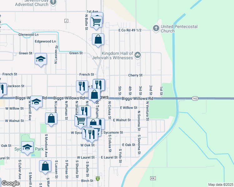 map of restaurants, bars, coffee shops, grocery stores, and more near 5th Street in Willows
