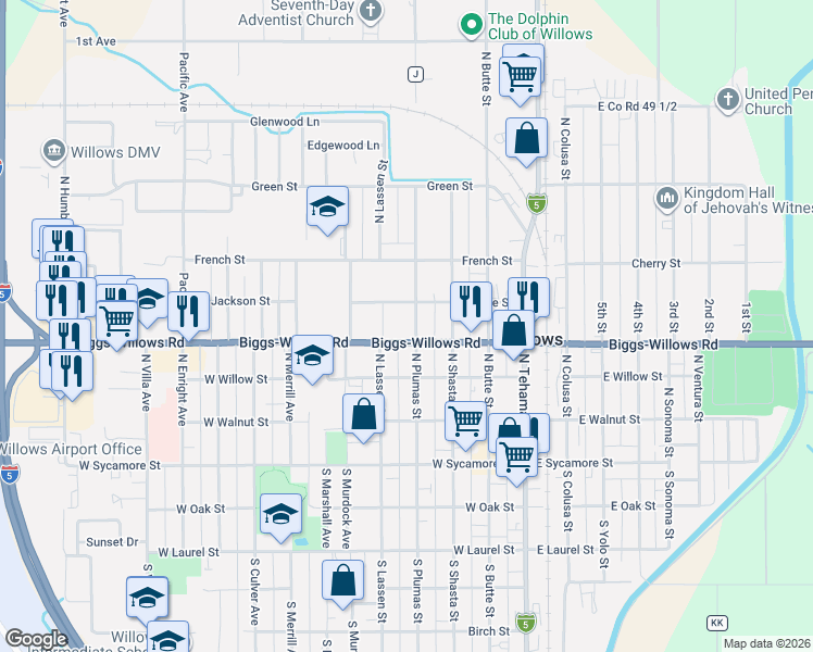 map of restaurants, bars, coffee shops, grocery stores, and more near 435 North Plumas Street in Willows