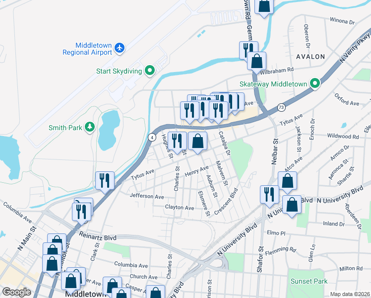 map of restaurants, bars, coffee shops, grocery stores, and more near 1020 Elwood Street in Middletown