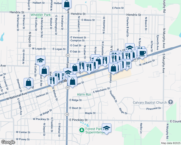 map of restaurants, bars, coffee shops, grocery stores, and more near 354 East National Avenue in Brazil