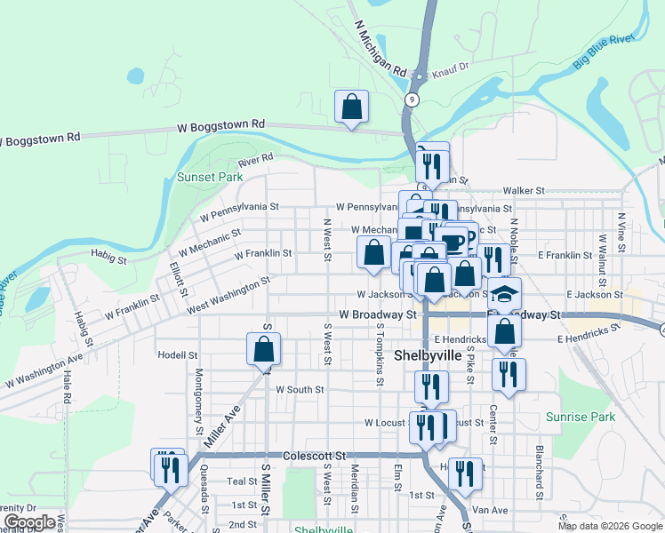 map of restaurants, bars, coffee shops, grocery stores, and more near 15 North West Street in Shelbyville