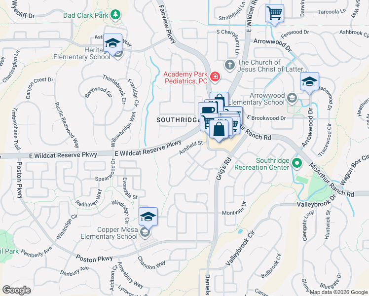 map of restaurants, bars, coffee shops, grocery stores, and more near 10531 Ashfield Street in Highlands Ranch