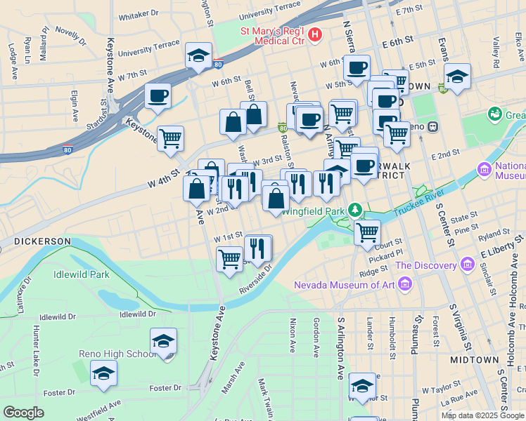 map of restaurants, bars, coffee shops, grocery stores, and more near 600 West 2nd Street in Reno