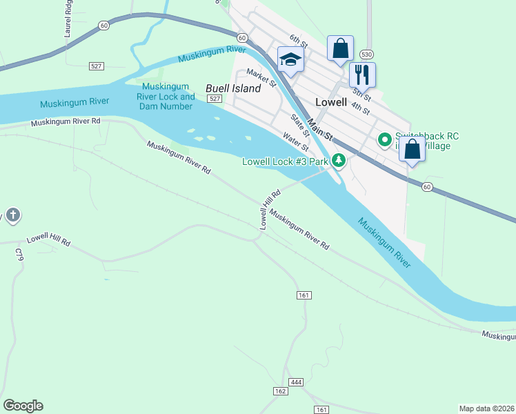 map of restaurants, bars, coffee shops, grocery stores, and more near 7625 Muskingum River Road in Lowell