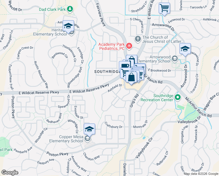 map of restaurants, bars, coffee shops, grocery stores, and more near 10531 Ashfield Street in Highlands Ranch