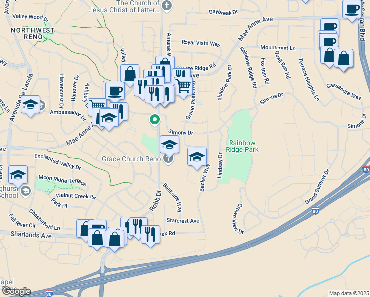map of restaurants, bars, coffee shops, grocery stores, and more near 1455 Grand Point Way in Reno