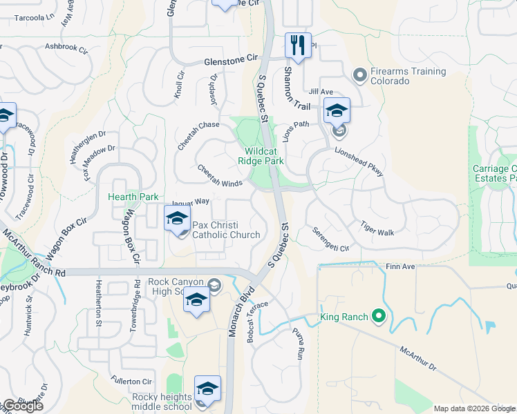 map of restaurants, bars, coffee shops, grocery stores, and more near 10536 Jaguar Point in Lone Tree