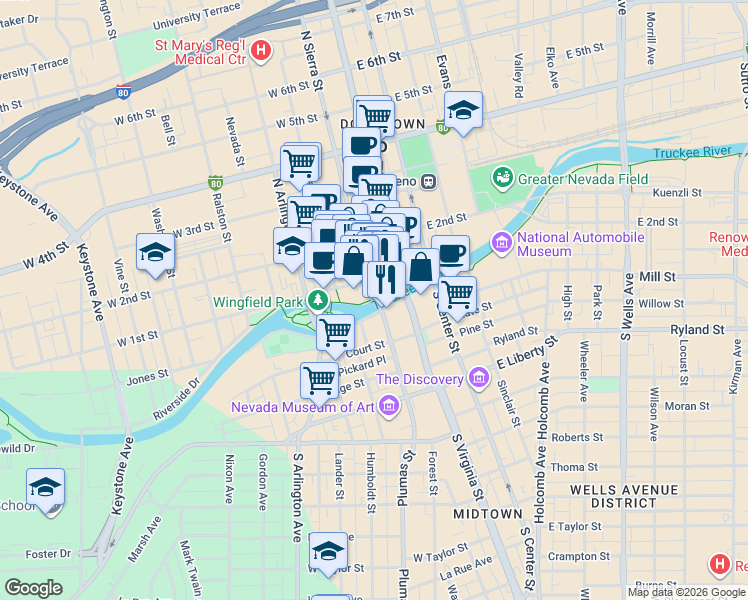 map of restaurants, bars, coffee shops, grocery stores, and more near in Reno