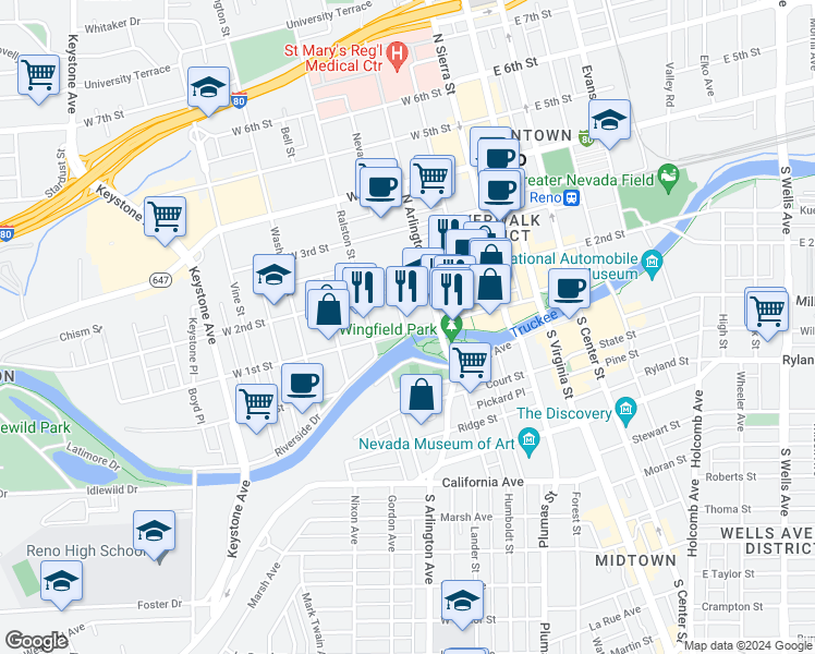 map of restaurants, bars, coffee shops, grocery stores, and more near in Reno