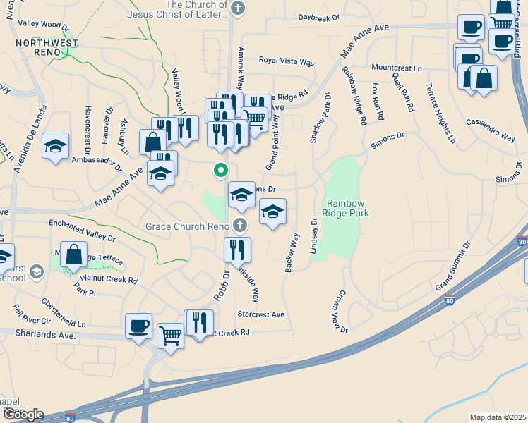 map of restaurants, bars, coffee shops, grocery stores, and more near 1455 Grand Point Way in Reno