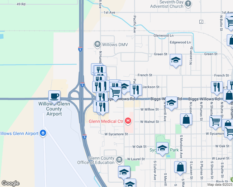 map of restaurants, bars, coffee shops, grocery stores, and more near 1201 West Wood Street in Willows