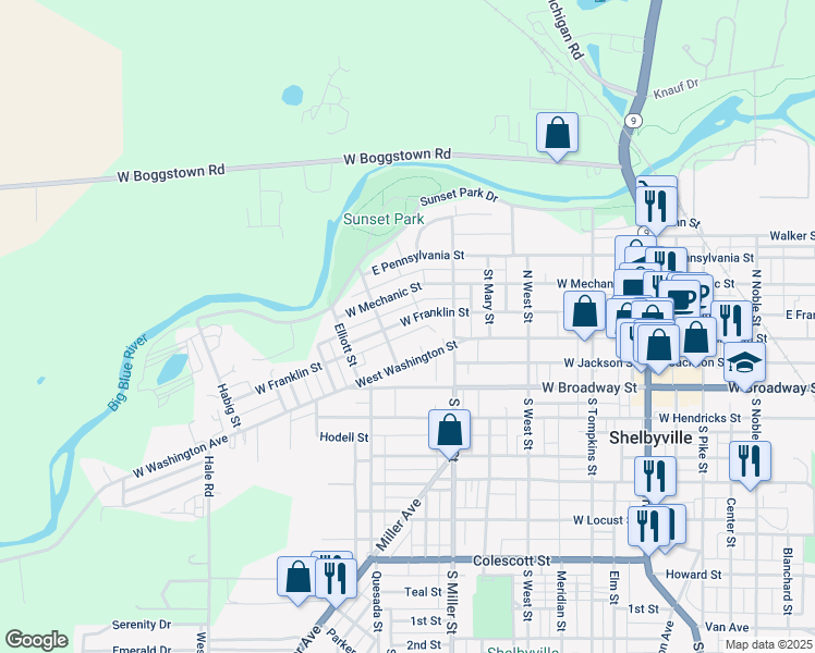 map of restaurants, bars, coffee shops, grocery stores, and more near 455 West Franklin Street in Shelbyville