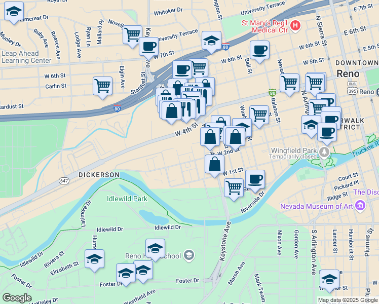 map of restaurants, bars, coffee shops, grocery stores, and more near 231 Gardner Street in Reno