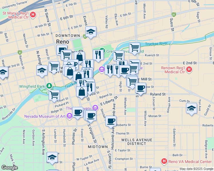 map of restaurants, bars, coffee shops, grocery stores, and more near 252 Mill Street in Reno