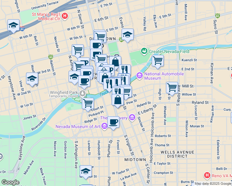 map of restaurants, bars, coffee shops, grocery stores, and more near 1 Lake Street in Reno