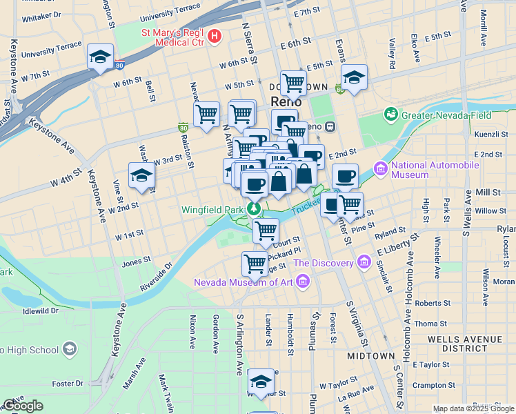 map of restaurants, bars, coffee shops, grocery stores, and more near in Reno