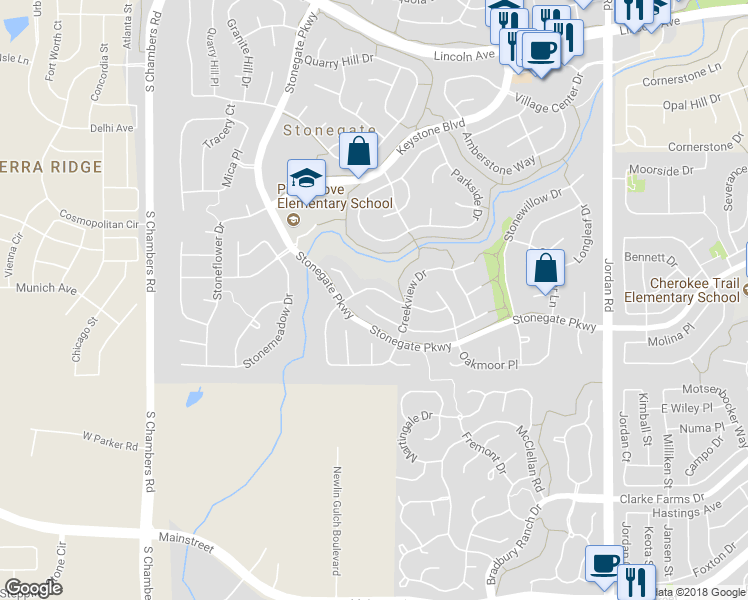 map of restaurants, bars, coffee shops, grocery stores, and more near 16081 Hollyridge Drive in Parker