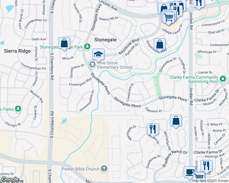 map of restaurants, bars, coffee shops, grocery stores, and more near 16081 Hollyridge Drive in Parker