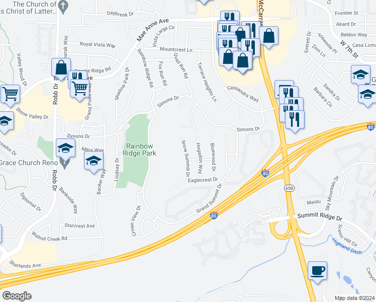map of restaurants, bars, coffee shops, grocery stores, and more near 1454 Snow Summit Drive in Reno