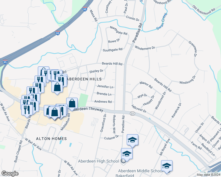 map of restaurants, bars, coffee shops, grocery stores, and more near 626 Jennifer Lane in Aberdeen