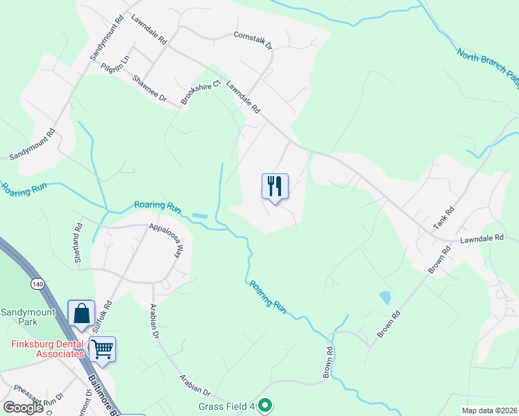map of restaurants, bars, coffee shops, grocery stores, and more near 1830 Peachwood Court in Finksburg