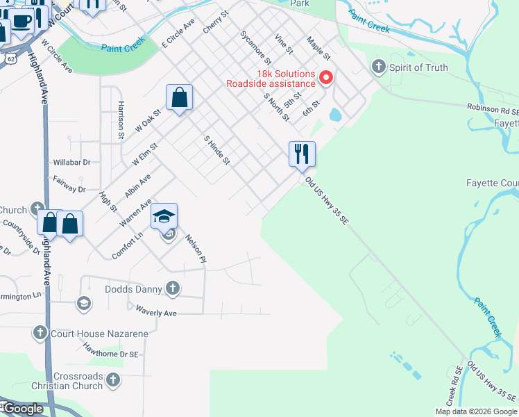 map of restaurants, bars, coffee shops, grocery stores, and more near 201 Ohio Avenue West in Washington Court House
