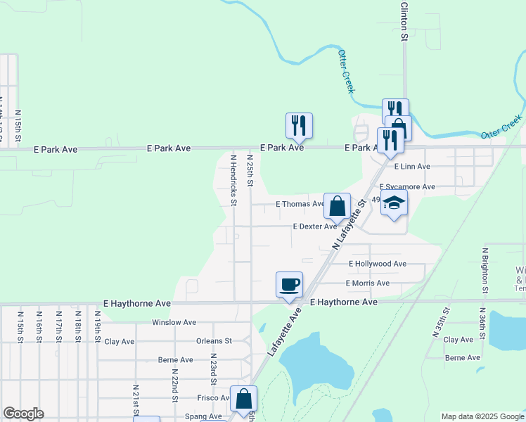 map of restaurants, bars, coffee shops, grocery stores, and more near 2535 East Thomas Avenue in Terre Haute