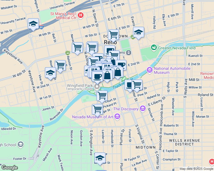 map of restaurants, bars, coffee shops, grocery stores, and more near 11 North Sierra Street in Reno