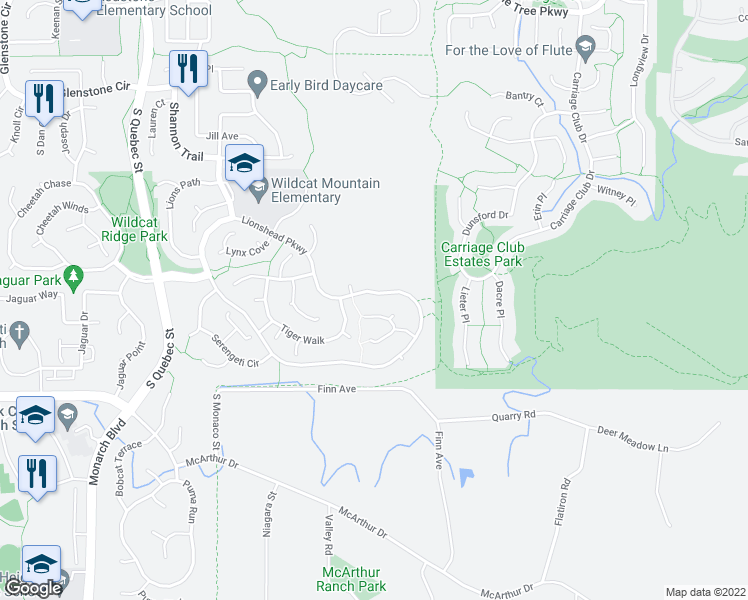 map of restaurants, bars, coffee shops, grocery stores, and more near 6822 Lionshead Parkway in Lone Tree
