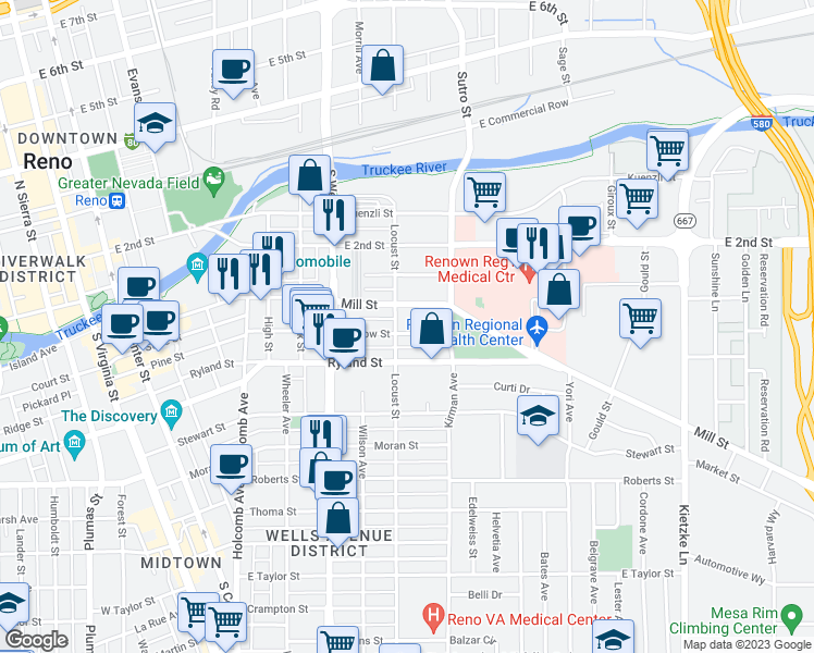 map of restaurants, bars, coffee shops, grocery stores, and more near 190 Locust Street in Reno